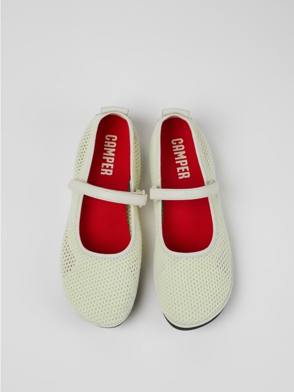 Camper Pale Yellow Mesh Mary Jane Flats with Red Insole